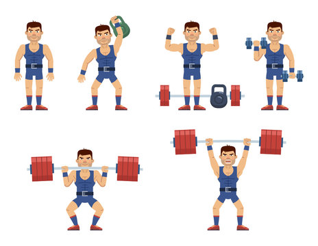Set of weightlifter characters working out at the gym. Cheerful strongman lifting kettlebell, barbell, dumbbells. Training session, weightlifting. Flat style vector illustration
