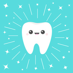 Healthy white tooth icon. Cute cartoon kawaii smiling funny face character. Round line circle. Oral dental hygiene. Children teeth care. Shining effect sparkle stars. Flat design. Blue background.