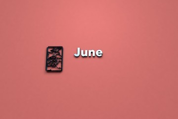 3D illustration of June, blue color and blue text with red background.