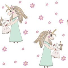 Seamless pattern with Unicorn with long hair with flower
