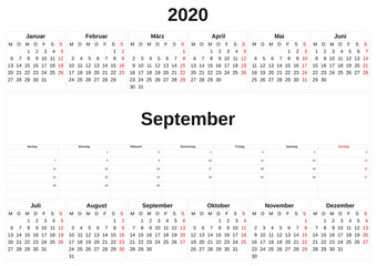 2020 a monthly calendar  with white background in German.