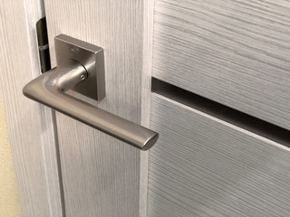 Silver door handle close up. Closed gray door.
