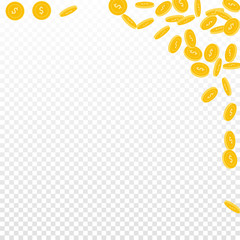 American dollar coins falling. Scattered small USD