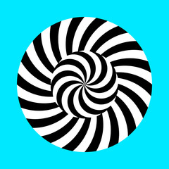 Twirling spin circle. Circular geometric pattern with moving effect of rotation. Black and white optical symbol with striped lines.