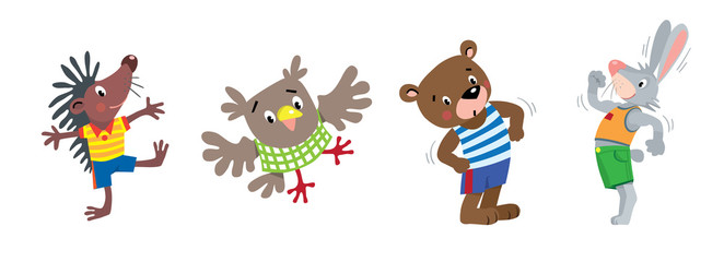 Funny animals, hedgehog, owl, bear and rabbit