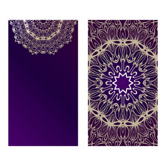 Vintage Cards With Floral Mandala Pattern. Vector Template. The Front And Rear Side. Luxury purple gold color