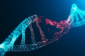 3D illustration Virus DNA molecule, structure. Concept destroyed code human genome. Damage DNA molecule. Helix consisting particle, dots. DNA destruction due to gene mutation or experiment.