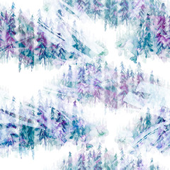 Seamless watercolor pattern, background. Blue spruce, pine, cedar, larch, purple, Blue abstract forest, silhouette of trees. Art illustration for your design. Abstract paint splash. Grunge texture