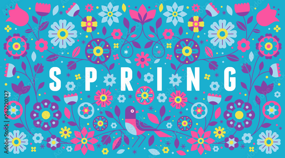 Leinwandbilder Vector horizontal banner with illustration with text spring in simple flat geometric and linear style
