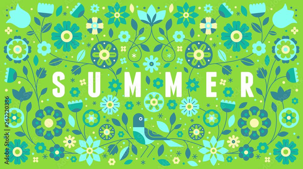 Poster Vector horizontal banner with illustration with text summer in simple flat geometric and linear style in bright colors