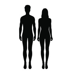 Vector silhouettes shapes man and woman, standing, black color, isolated on white background