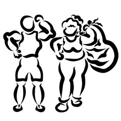 husband praises his strength, and wife carries a heavy bag