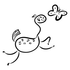 Funny happy horse catching a flying butterfly, game