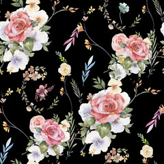 Watercolor painting of leaf and flowers, seamless pattern on dark background