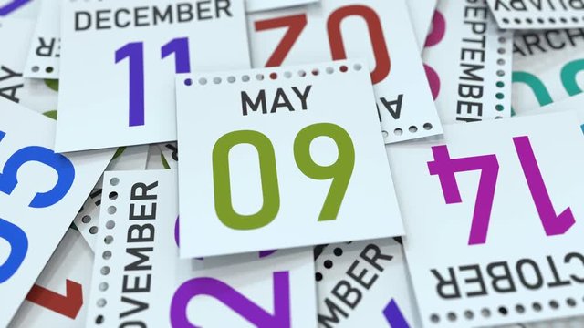 Calendar page shows May 9 date. 3D animation