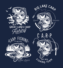 Vintage Carp Fishing Emblems and Labels. . Vector illustration.