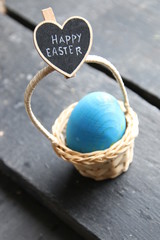 Happy Easter, a sign with an inscription and an egg in a basket