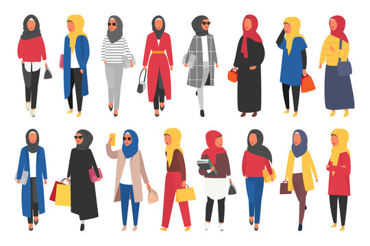 Hijab Muslim Woman. Arab Modern Fashion. Vector People