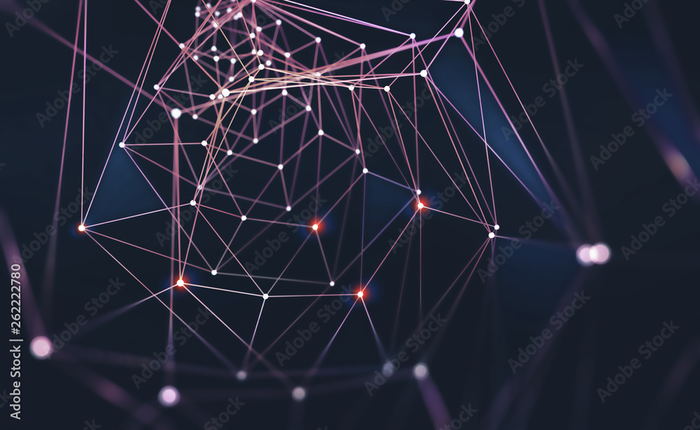 Poster Digital Web. Global computer wireless network. Abstract 3D illustration of a flaming polygonal mesh with a shallow depth of field