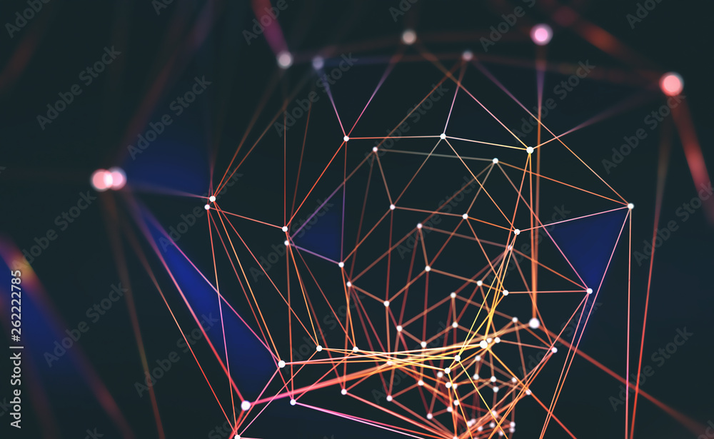 Poster Digital Web. Global computer wireless network. Abstract 3D illustration of a flaming polygonal mesh with a shallow depth of field