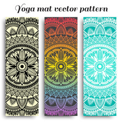 Set of yoga mats with ethnic designs. Turquoise, rainbow gradient and black vector pattern with mandala.