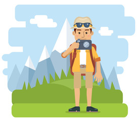 Illustration of a tourist with a photo camera. Traveler, hiker isolated on mountain landscape. Flat style vector illustration