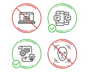 Do or Stop. Online statistics, Cogwheel and Smartphone sms icons simple set. Face detection sign. Computer data, Idea bulb, Mobile messages. Detect person. Business set. Line online statistics do icon