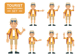 Set of tourist characters showing different hand gestures. Cheerful traveler showing thumb up gesture, this way, waving, greeting, pointing up, victory sign. Flat style vector illustration