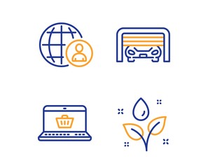 International recruitment, Parking garage and Online shopping icons simple set. Plants watering sign. World business, Automatic door, Notebook with shopping cart. Water drop. Business set. Vector