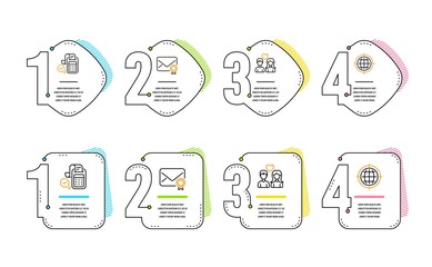 Bill accounting, Verified mail and Couple love icons simple set. Seo internet sign. Audit report, Confirmed e-mail, People in love. Globe. Business set. Infographic timeline. Line bill accounting icon
