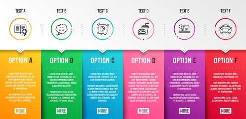 Online help, Hamburger and Diploma icons simple set. Parking, Speech bubble and Taxi signs. Web support, Burger with drink. Business set. Infographic template. 6 steps timeline. Business options