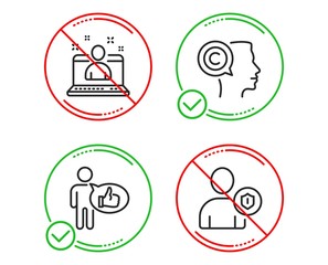 Do or Stop. Like, Writer and Best manager icons simple set. Security sign. Thumbs up, Copyrighter, Best developer. Person protection. Business set. Line like do icon. Prohibited ban stop. Good or bad