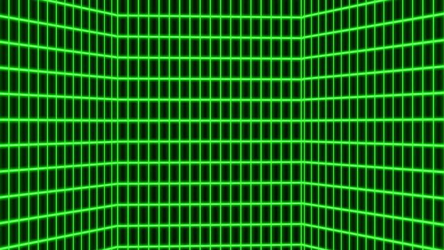 Vertical green retro-futuristic 80s synthwave grid background. Seamless loop futuristic background.