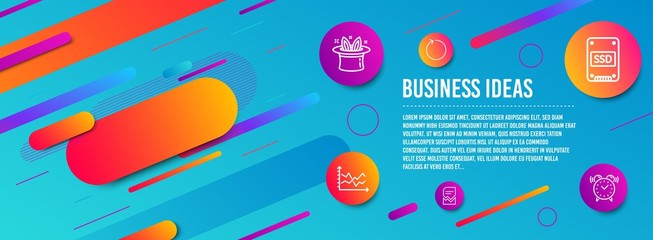 Header banner. Diagram chart, Corrupted file and Ssd icons simple set. Hat-trick, Loop and Alarm clock signs. Presentation graph, Damaged document. Business set. Line diagram chart icon. Vector