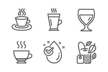 Latte, Wine glass and Espresso icons simple set. Tea cup, Water drop and Mint bag signs. Tea glass mug, Cabernet wineglass. Food and drink set. Line latte icon. Editable stroke. Vector