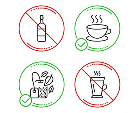 Do or Stop. Mint bag, Brandy bottle and Cappuccino icons simple set. Latte sign. Mentha tea, Whiskey, Espresso cup. Tea glass mug. Food and drink set. Line mint bag do icon. Prohibited ban stop