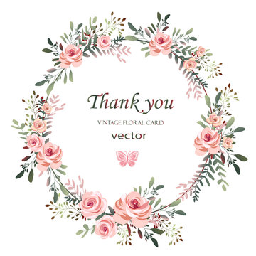 Wreath. Flower frame with pink roses and decorative leaves.Vector Invitation design. Background to save the date.Greeting card.