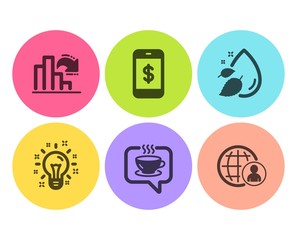 Coffee, Smartphone payment and Decreasing graph icons simple set. Water drop, Idea and International recruitment signs. Cafe, Mobile pay. Business set. Flat coffee icon. Circle button. Vector