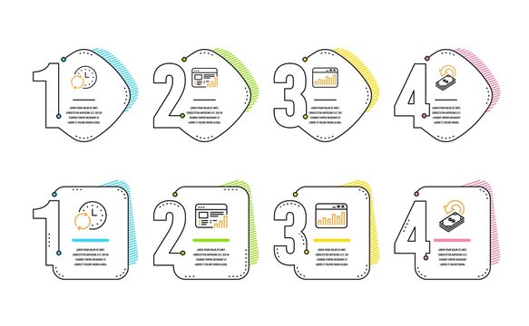 Marketing statistics, Web report and Update time icons simple set. Cashback sign. Web analytics, Graph chart, Refresh clock. Financial transfer. Education set. Infographic timeline. Vector