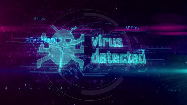 Virus detected hologram on digital background. Danger alert, antivirus, cyber attack, worm infection and warning abstract concept. Futuristic loopable and seamless 3D animation.