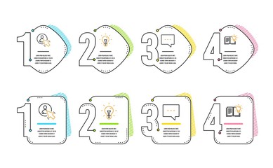 Idea, Blog and User icons simple set. Product knowledge sign. Light bulb, Chat message, Project manager. Education process. Education set. Infographic timeline. Line idea icon. 4 options or steps