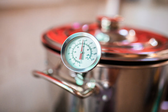 Beer wort starting to boil, Wort for Home Brew Wheat Beer.