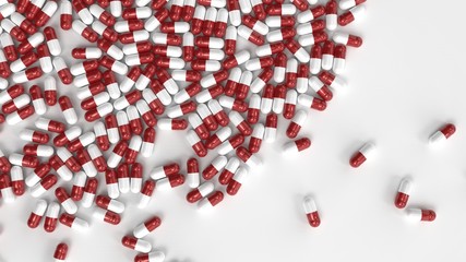 Red white gloss capsule pills scattered on light gray surface. Top view. 3D render