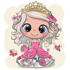 Cartoon-Prinzessin mit Blumen auf gelbem Hintergrund