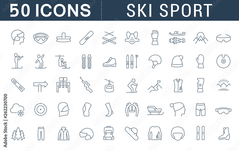 Poster Set Vector Line Icons of Ski Sport.