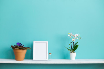 Modern room decoration with Picture frame mockup. White shelf against pastel turquoise wall with potted orchid and violet plant.