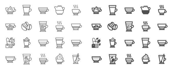 Coffee types and Tea icons. Set of Latte, Frappe and Cappuccino icons. Espresso, Doppio and Cafe Crema. Americano, Whipped cream latte and Coffee with ice. Mocha cafe, Herbal, Mint tea cups. Vector