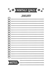 January Monthly Goals. Vector Template for Agenda, Planner and Other Stationery. Printable Organizer for Study, School or Work. Objects Isolated on White Background.