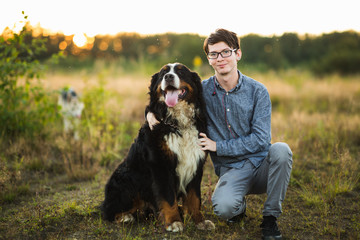 young man walking with Bernese Mountain Dog on the summer field