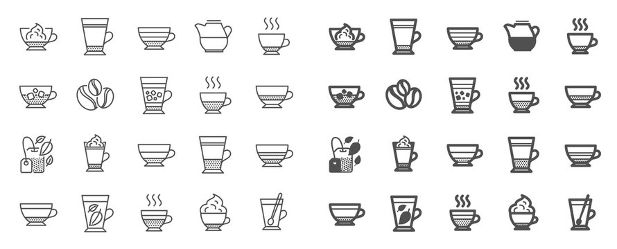 Coffee types and Tea icons. Set of Latte, Frappe and Cappuccino icons. Espresso, Doppio and Cafe Crema. Americano, Whipped cream latte and Coffee with ice. Mocha cafe, Herbal, Mint tea cups. Vector